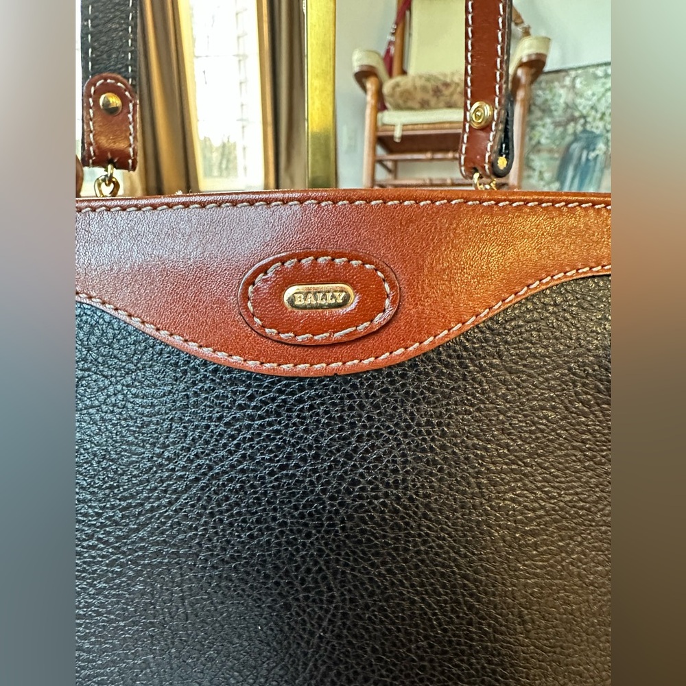 BALLY Vintage Black and Brown Genuine Pebbled Leather Tote Bag - Picture 4 of 13